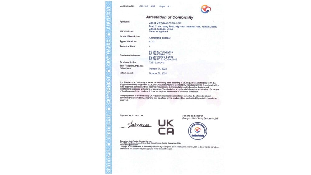 Animatronic Dinosaur UKCA證書